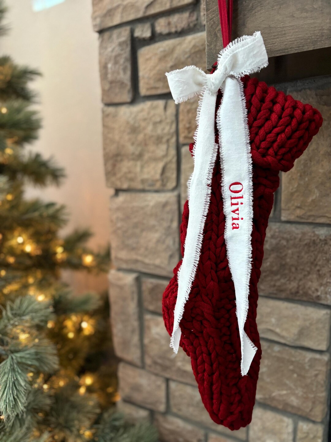Stocking Name Tag, Personalized Stocking, Embroidered Name Tag, Personalized Velvet Ribbon Bow, P... | Etsy (US)