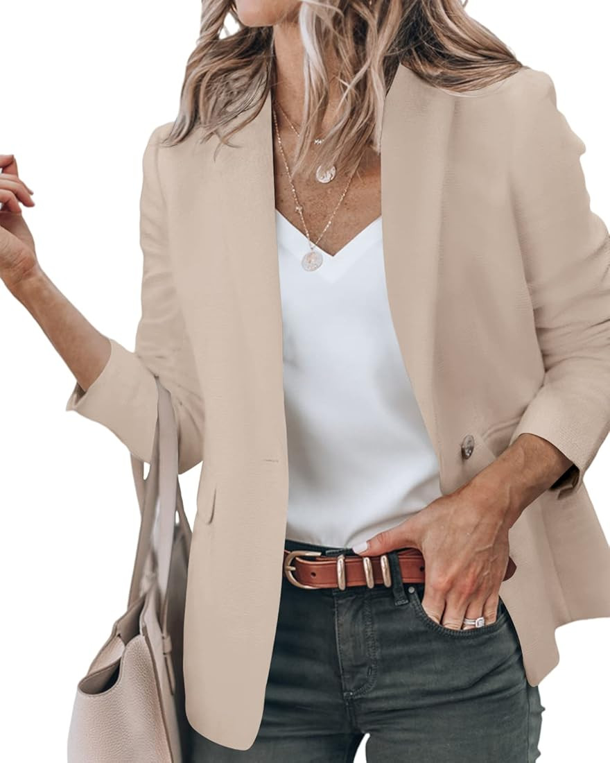 Newffr 2023 Womens Blazers Casual Long Sleeve Open Front Lapel Collar Work Office Jacket Summer O... | Amazon (US)