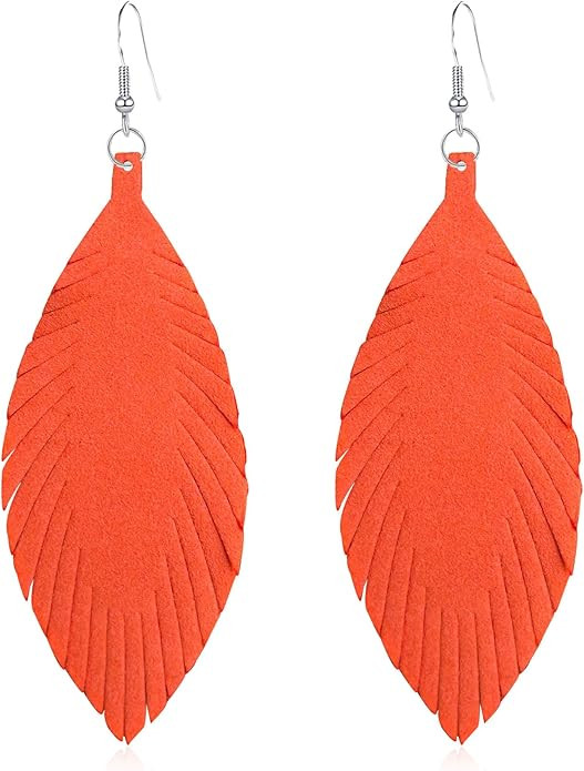 Large Genuine Soft leaf Leather Handmade Fringe Tassel Feather Lightweight Tear Drop Dangle Color... | Amazon (US)