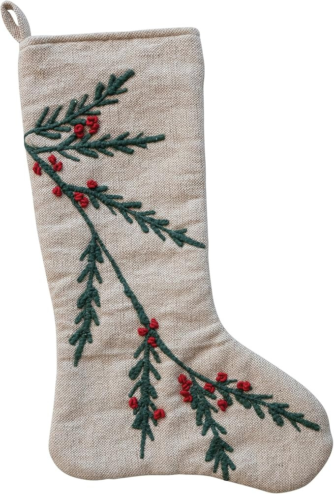 Creative Co-Op, Green and Red Woven Cotton and Jute Stocking with Embroidered Holly and Berries, ... | Amazon (US)