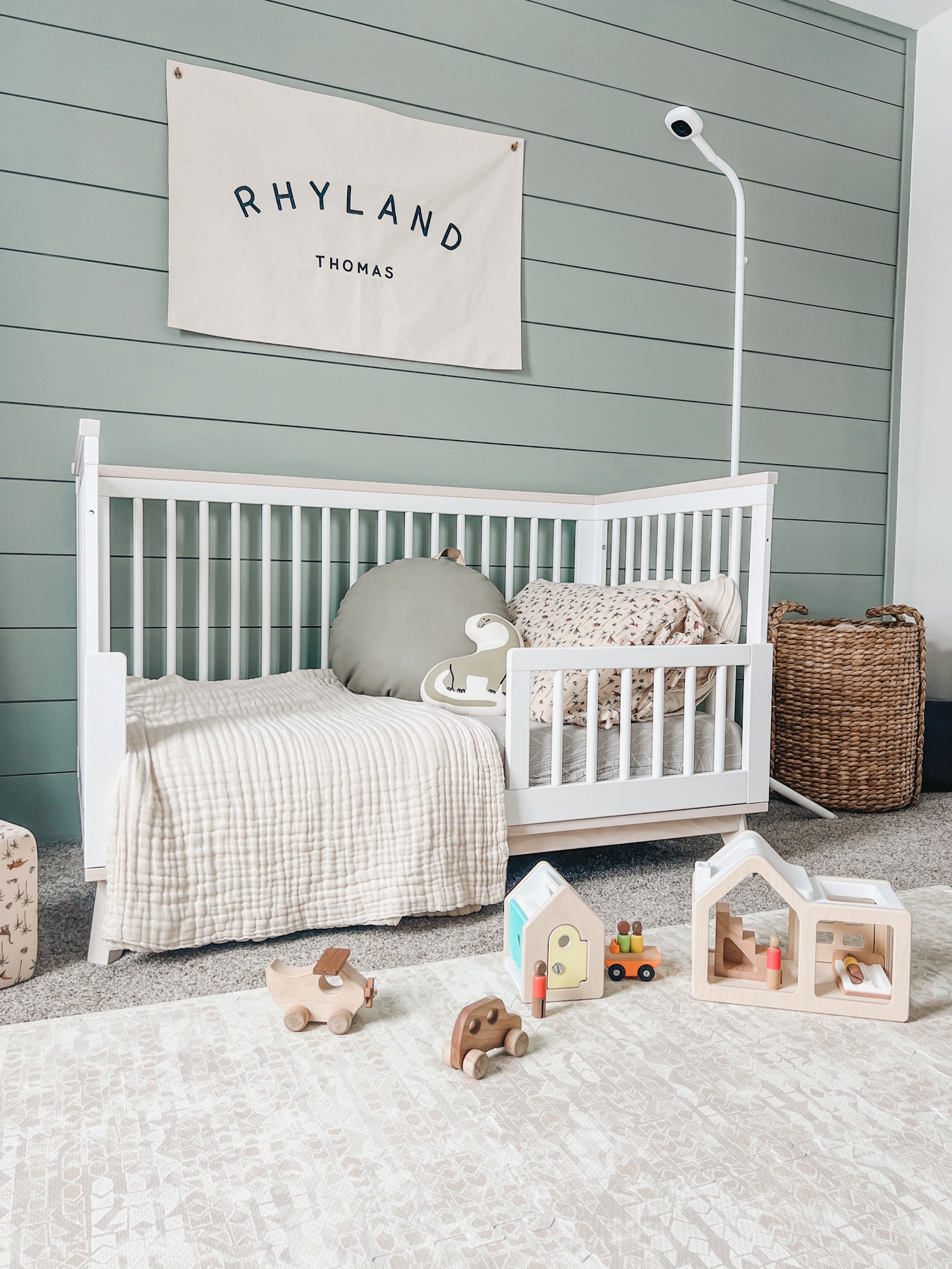 Big boy things. This banner is the 24x36 size on natural canvas. The crib has the toddler side attached! Wall is SW Evergreen Fog  

#LTKfamily #LTKkids #LTKhome