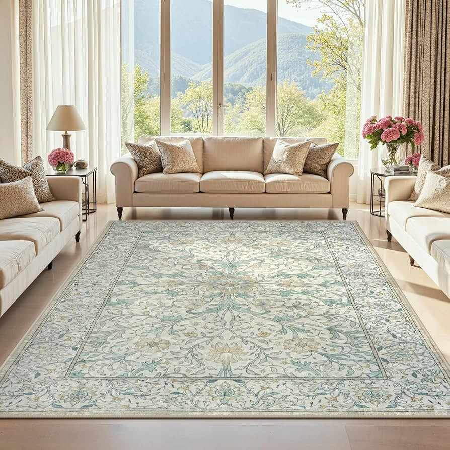 Collive 8x10 Area Rugs for Living Room, Washable Floral Bedroom Rug, Vintage Neutral Non Slip Low... | Amazon (US)