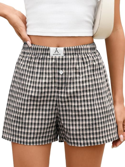 ANRABESS Boxer Shorts for Women Gingham Pajama 2026 Summer Casual Lounge Sleep Plaid Shorts Y2K B... | Amazon (US)