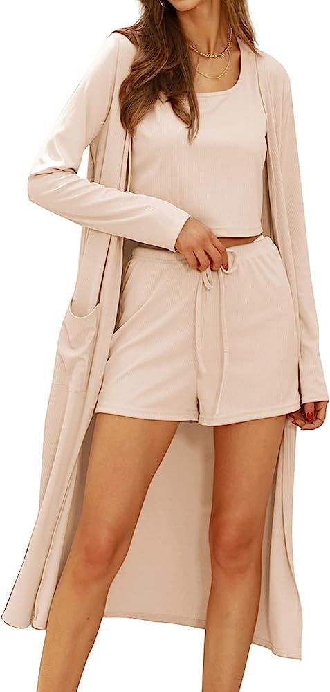 GRACE KARIN Womens 3 Piece Loungewear Set Crop Vest High Waist Shorts and Long Cardigan Pajamas S... | Amazon (US)