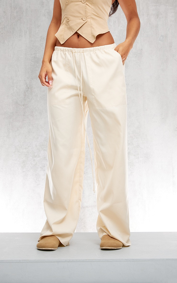 Stone Woven Drawstring Waist Low Rise Relaxed Trousers | PrettyLittleThing UK