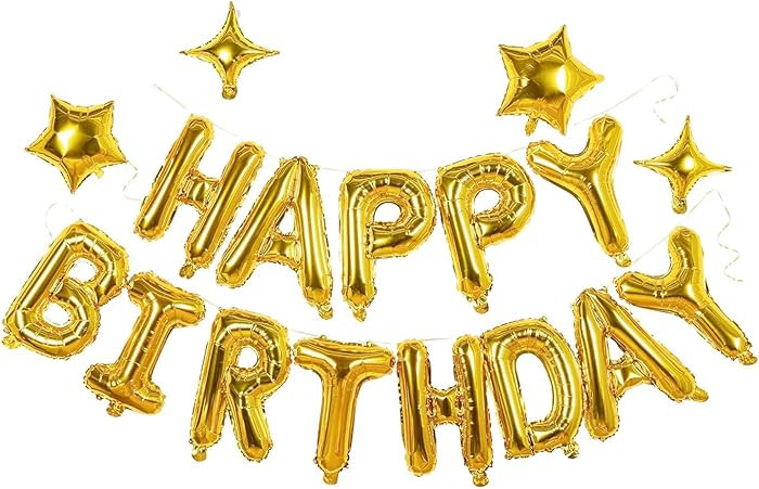 Gold Happy Birthday Banner Balloon Aluminum Foil 16 Inch Letter,10 Inch Five Pointed Star Four Po... | Amazon (US)
