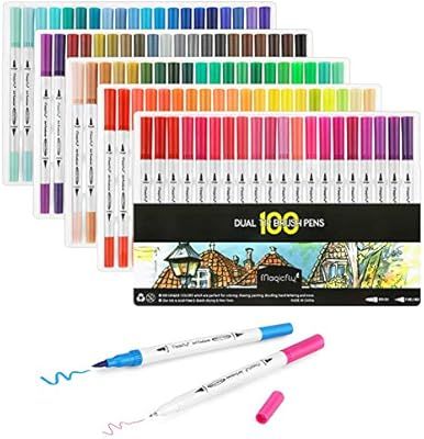100 Dual Tip Brush Pens, Magicfly Water Coloring Markers with Fineliner Tip 0.4 and Highlighters ... | Amazon (US)