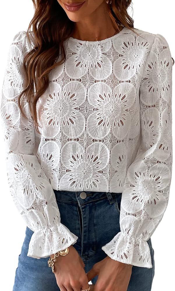 CUPSHE Women Casual Embroidered Floral Eyelet Long Sleeve Blouses Trumpet Sleeve Woven Slim Fit B... | Amazon (US)