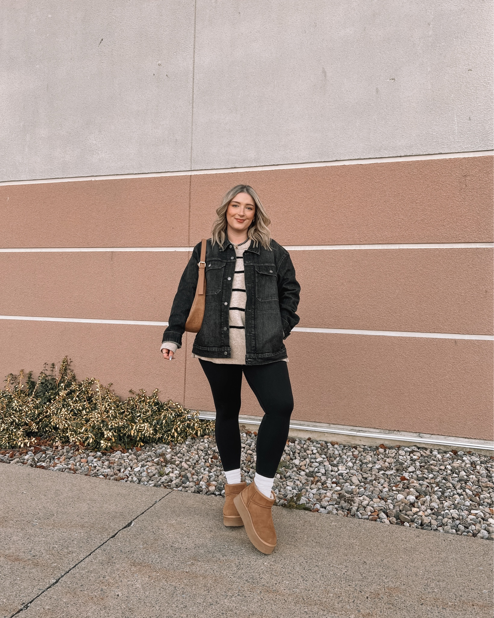 Comfy casual midsize fall outfit - my black denim jacket is from the men’s section, wearing XL. Wearing M in my fave basic leggings. Linked similar neutral striped sweaters. My Ugg lookalikes are from Amazon and so comfy! I’m usually a 9.5-10 and wear a 10 in these.


#LTKstyletip #LTKautumn #LTKmidsize