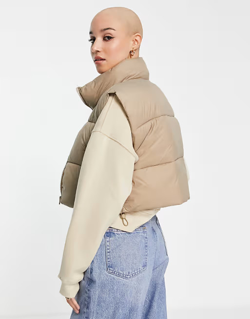 Pull&Bear cropped padded nylon vest in mushroom | ASOS (Global)