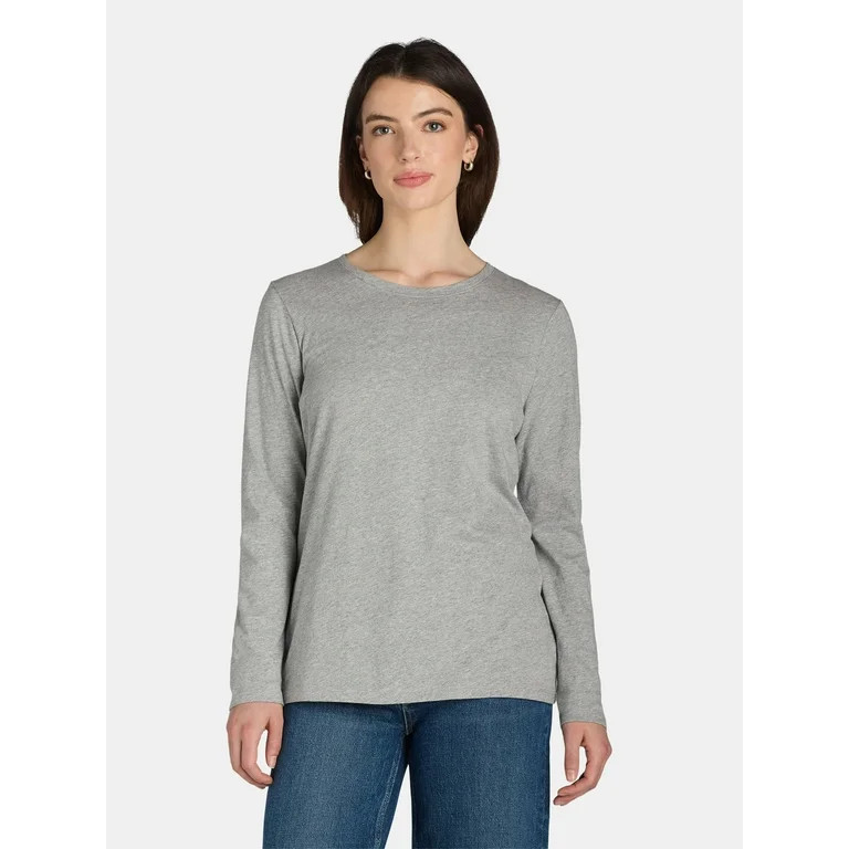 Time and Tru Women's Cotton Crewneck Tee with Long Sleeves, Single and 3 Pack, Sizes XS-XXXL - Wa... | Walmart (US)