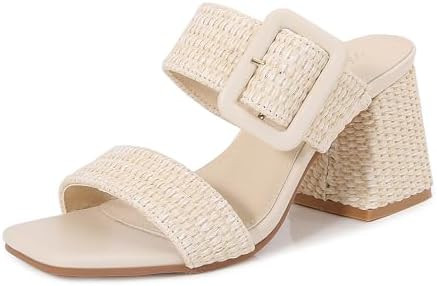 Women's Raffia Slide Sandals Square Open Toe Heeled Sandals Two Strap Mules Slip On Block Chunky ... | Amazon (US)