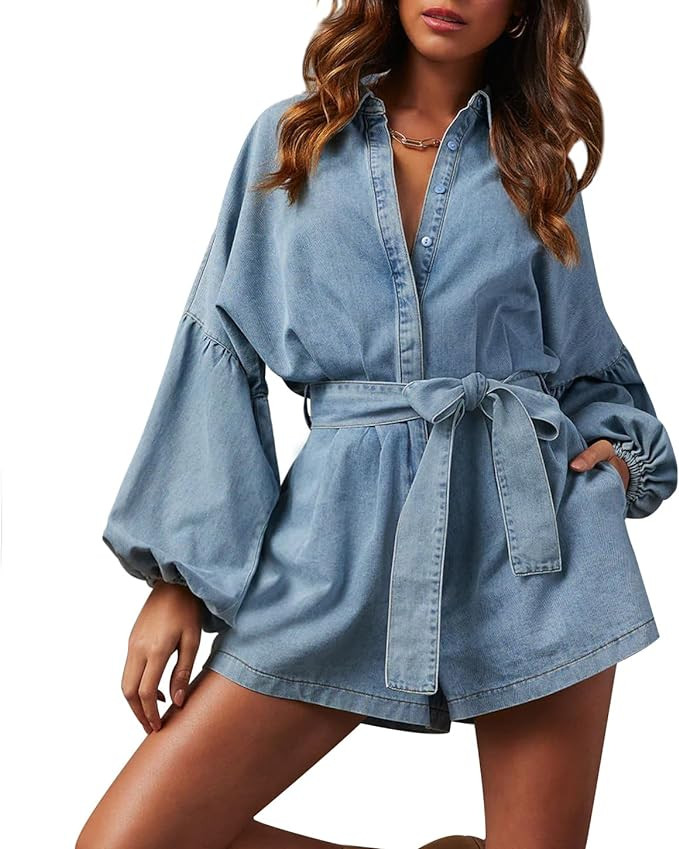 Lantern Long Sleeve Denim Romper for Women Elastic Waist Tie Front Jean Jumpsuit Short Playsuits | Amazon (US)