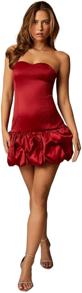 Women's 2025 Summer Bodycon Short Dress Elegant Ruffle Hem Strapless Mini Dress | Amazon (US)