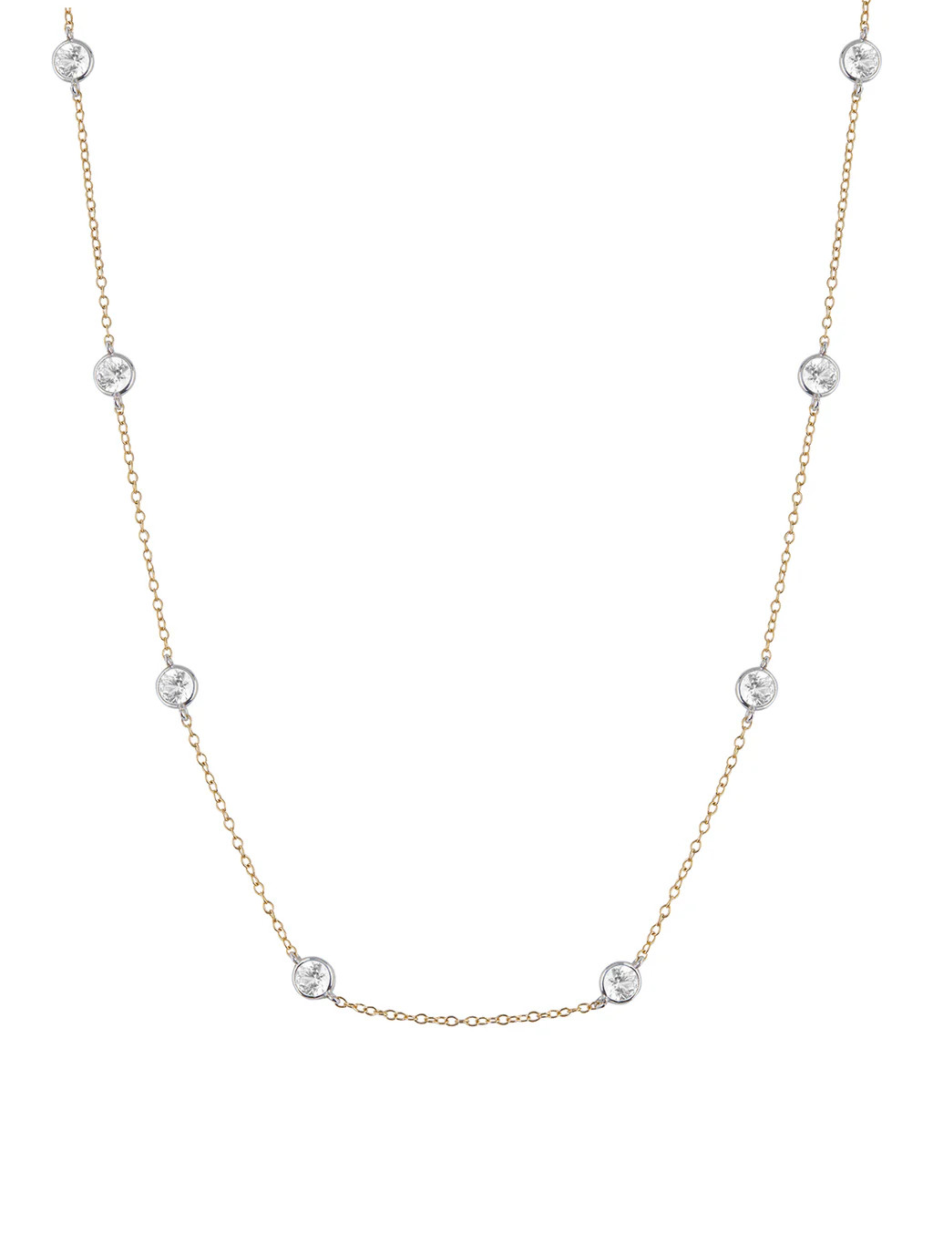 CLEMENCE, LAB WHITE SAPPHIRE 8 STONE TWO-TONE STRAND NECKLACE, GOLD AND SILVER | Dorsey