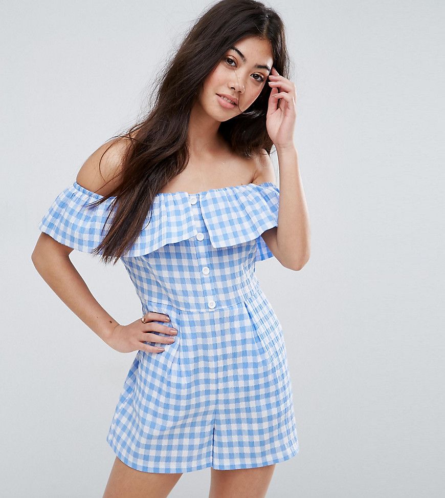 New Look Petite Gingham Double Layered Romper - Blue | ASOS US