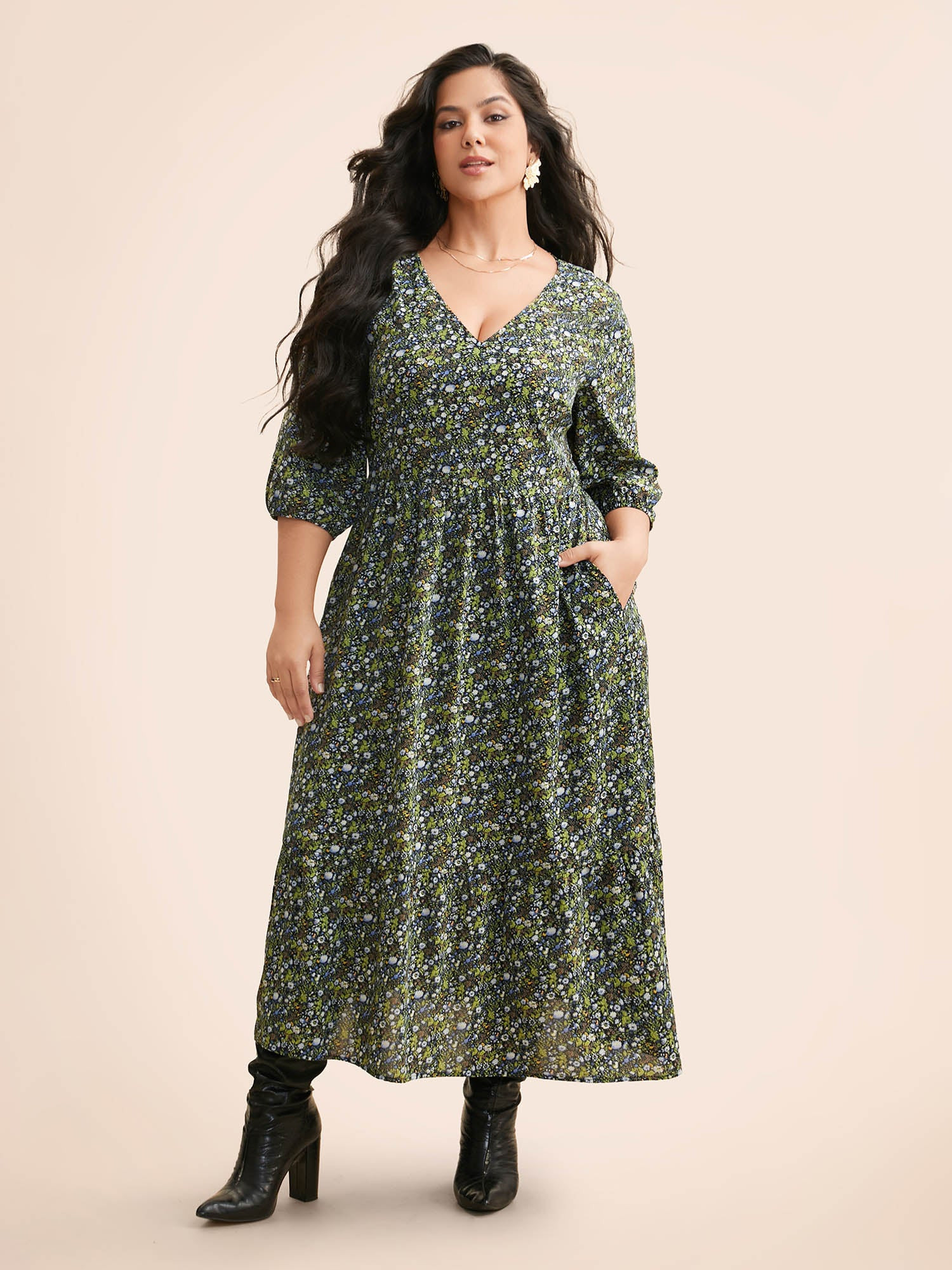 Ditsy Floral Lantern Sleeve Ruffle Hem Dress | Bloomchic