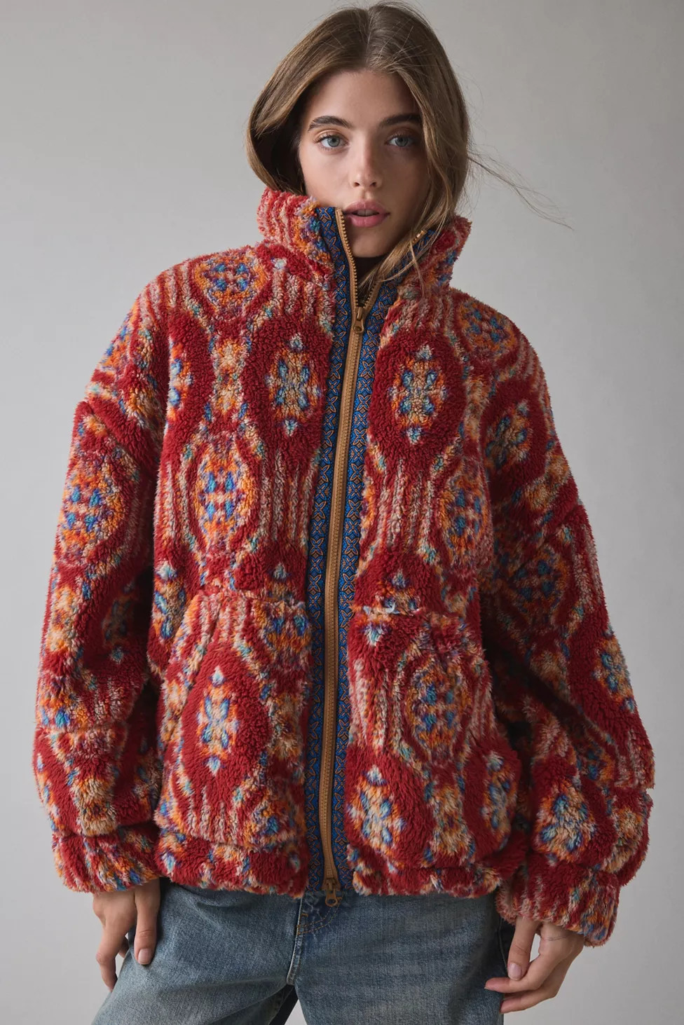 BDG Mae Printed Piled Fleece Zip-Up Jacket | Urban Outfitters (US and RoW)