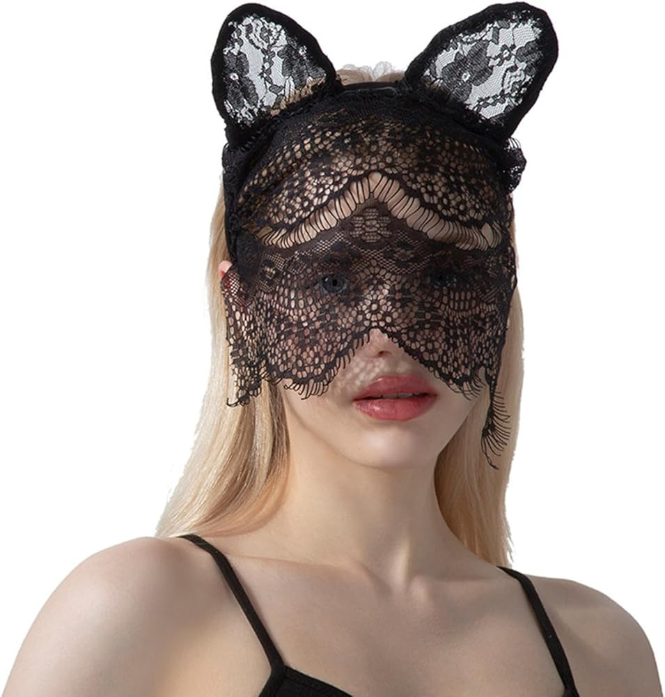 KIPETTO Women Cat Ears Headband with Lace Veil Sexy Black Lace Headwear for Halloween Cosplay Wed... | Amazon (US)