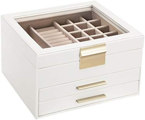 SONGMICS Jewelry Box with Glass Lid, 3-Layer Jewelry Organizer with 2 Drawers, for Loved Ones, White | Amazon (US)
