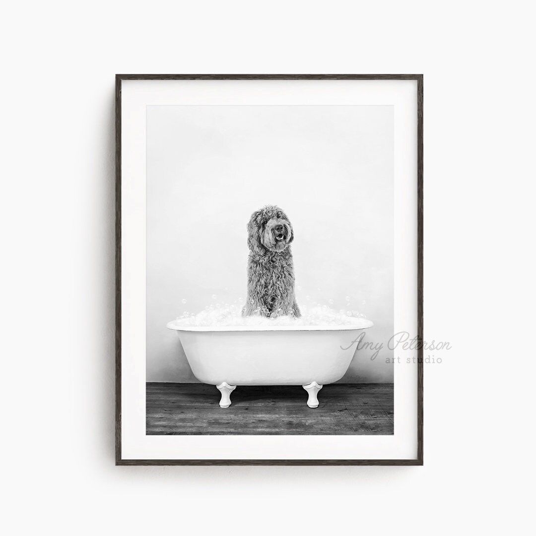 Golden Labradoodle Dog in a Vintage Bathtub, Bathroom Art, Whimsy Animal, Funny Bathroom Wall Art... | Etsy (US)