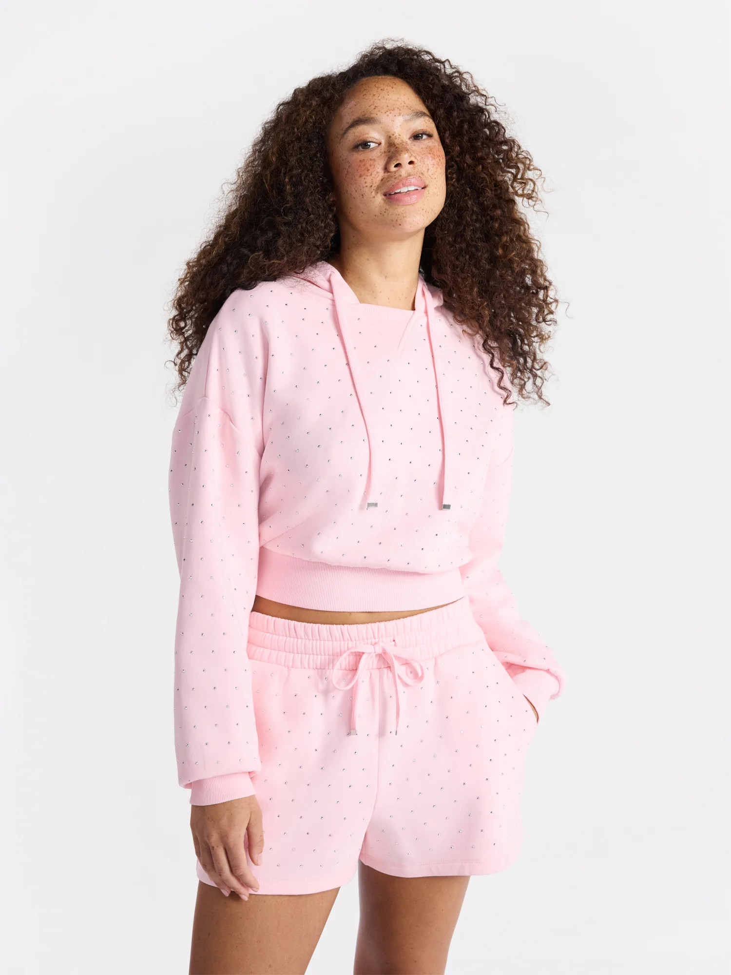 No Boundaries Faux Rhinestone Cropped Hoodie and Shorts Set, 2-Piece, Women’s | Walmart (US)