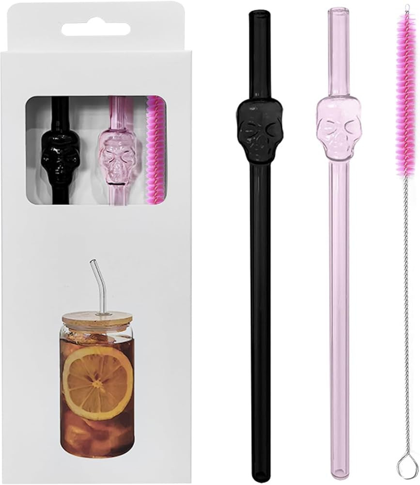 Skull Glass Drinking Straws, 8 Inch Design, Pink and Black, Reusable, Set of 2 with Cleaning Brus... | Amazon (US)