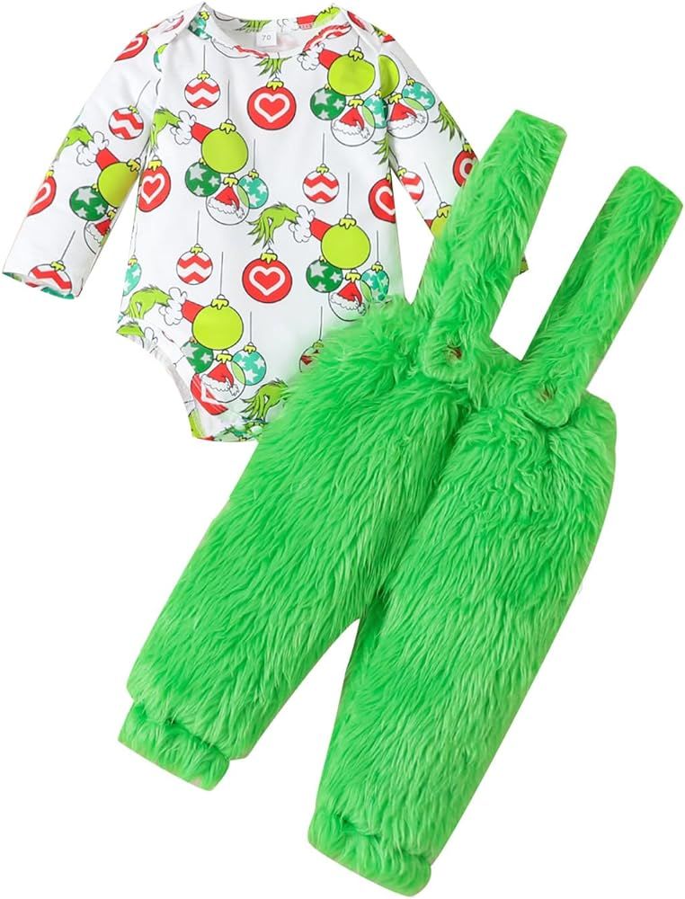 Infant Baby Christmas Outfits Long Sleeve Romper Furry Suspender Pants Dress Set Boy Girl Funny C... | Amazon (US)