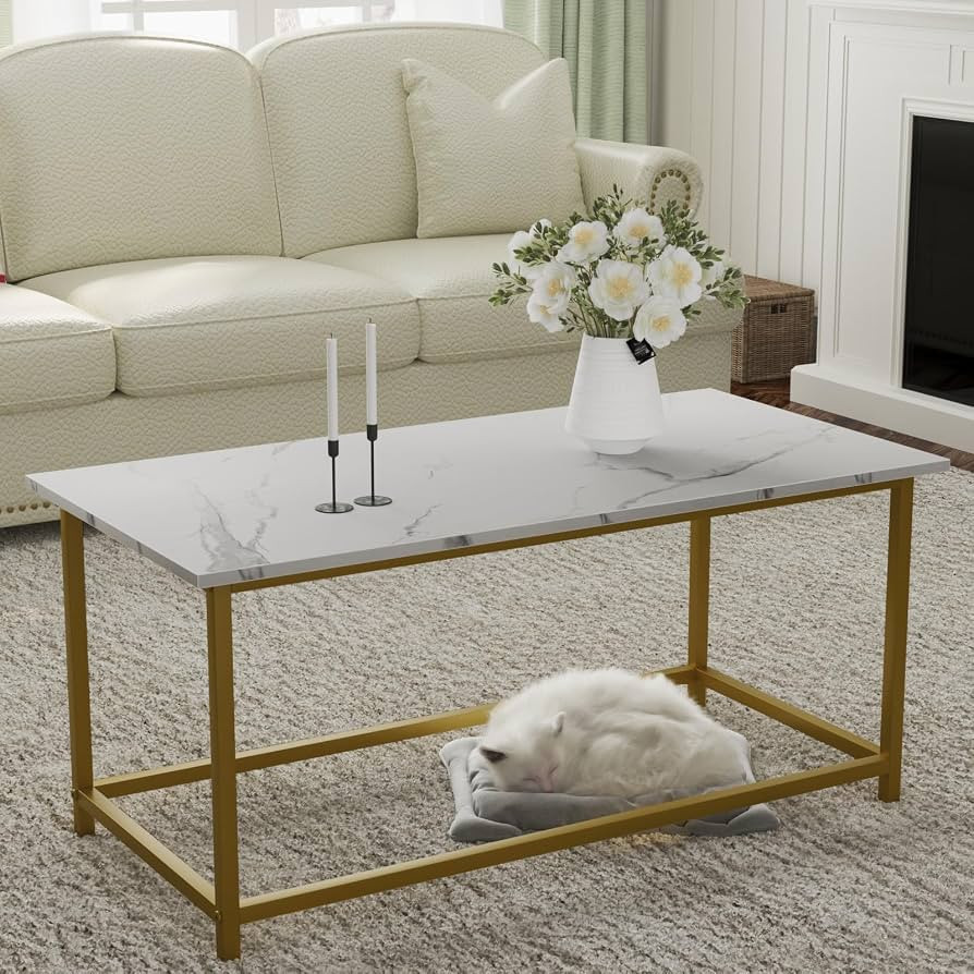 SAYGOER White Gold Coffee Table Simple Modern Coffee Tables Rectangular Minimalist Center Table f... | Amazon (US)