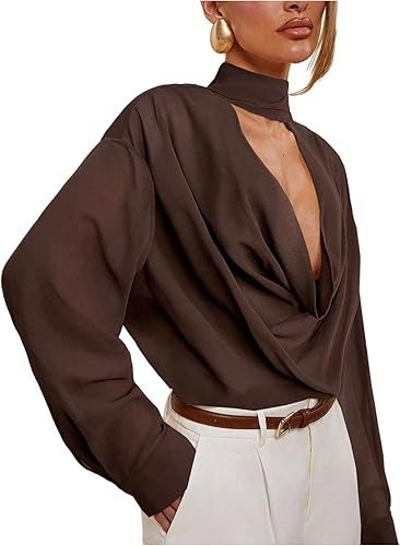 SHENHE Women's Cowl Neck Blouse Long Sleeve Draped Sexy Dressy Sheer Blouse Top with Scarf | Amazon (US)