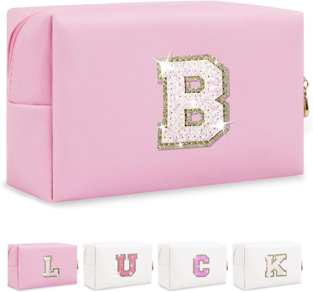 Personalized Initial Letter Makeup Bag, Preppy Glitter Letter Patch Cosmetic Pouch Zipper,PU Wate... | Amazon (US)