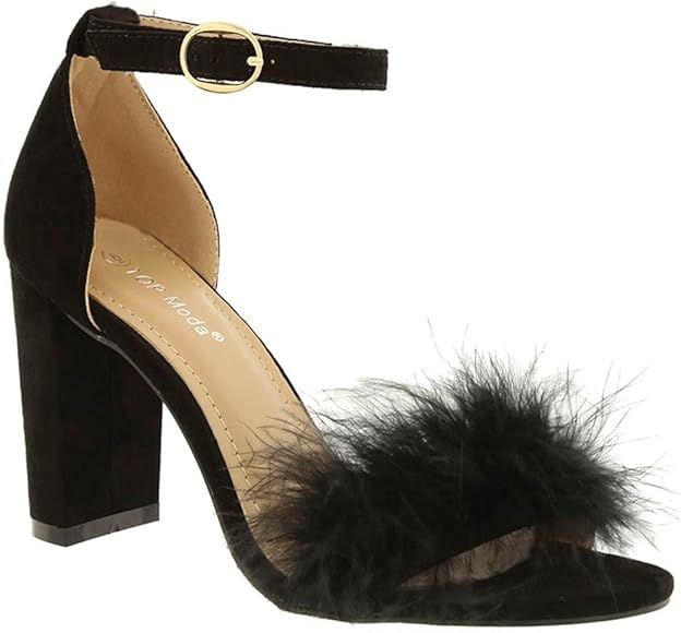 TOP Moda Women Chunky Heels Ankle Strap Sandals with Fur | Amazon (US)