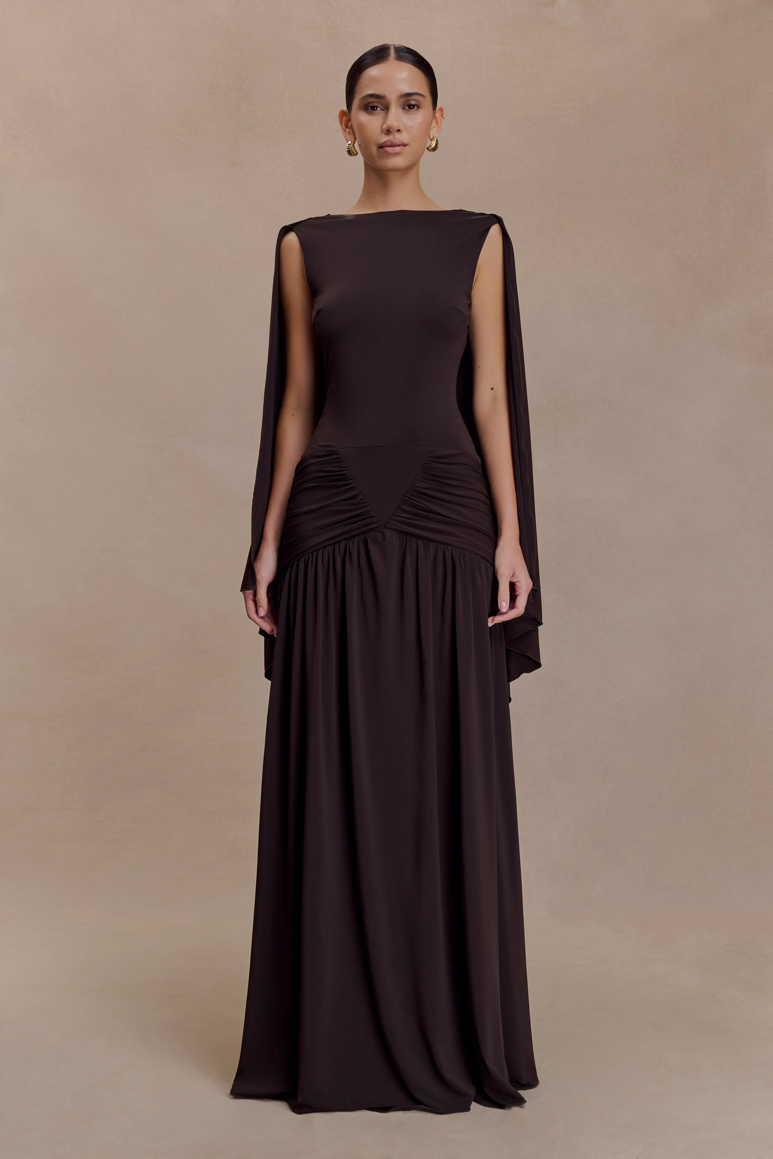 Jersey Cape Maxi Dress - Chocolate | MESHKI US