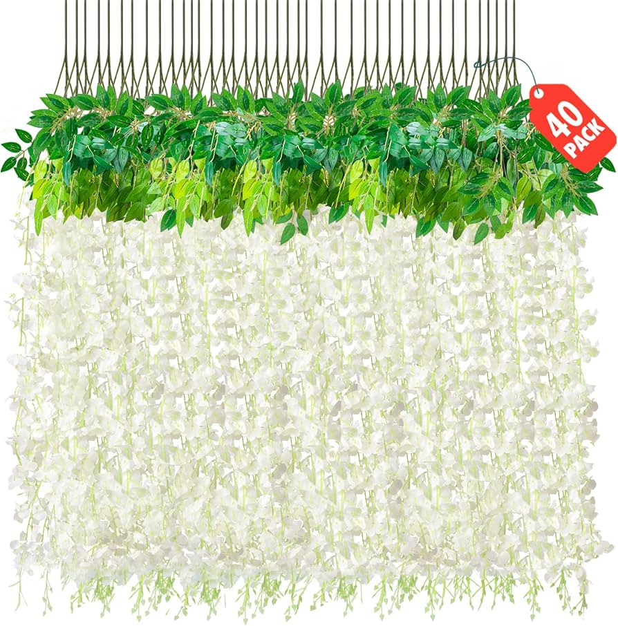 Tunnkit 40 Pack Wisteria Hanging Flowers 3.6 Feet Fake Wisteria Vine Rattan Silk Artificial Wisteria Flowers for Wedding Party Garden Wall Decor (White) | Amazon (US)