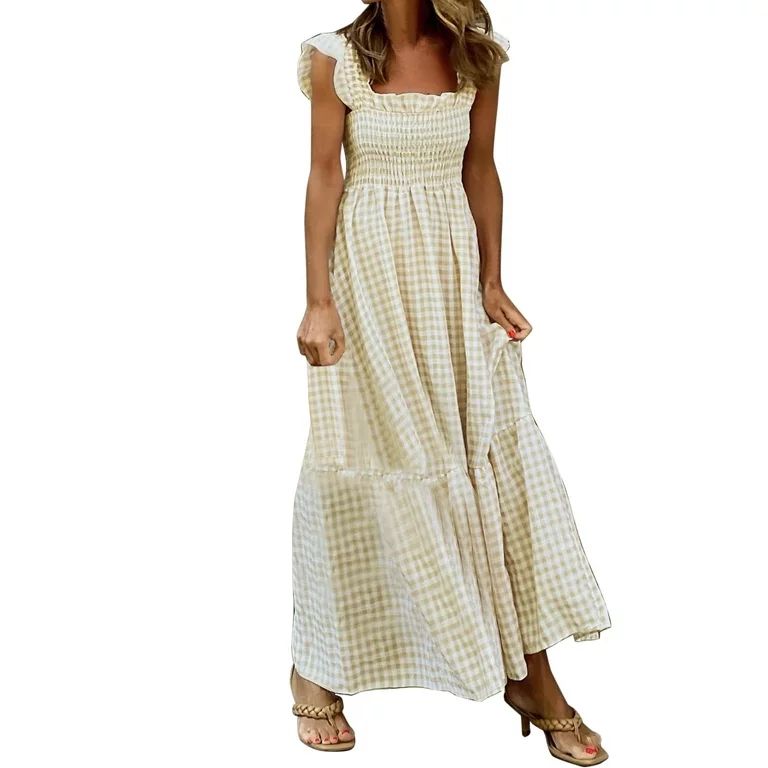 Women's Summer Sun Dresses Casual Sleeveless Crew Neck Smocked High Waist Flowy Tiered A Line Mid... | Walmart (US)