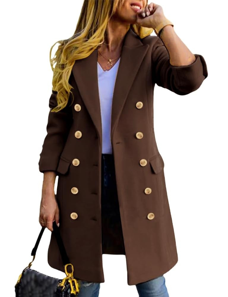 IDEALSANXUN Womens Fall Winter Wool Coats Double Breasted Midi Peacoat Trench Coats | Amazon (US)
