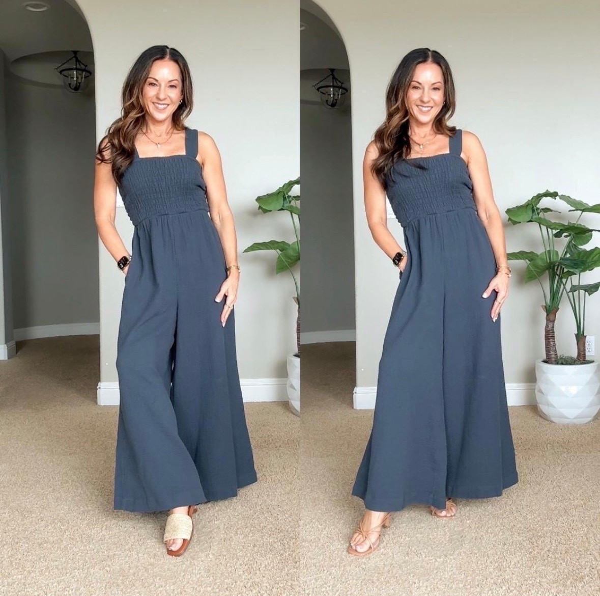 A jumpsuit that gives you the comfort of a maxi dress without having to think twice about what to wear. The smocked top and breezy wide legs make this such a good option for dinners, vacations, showers, or those days when you want one piece to do all the work.

wide leg jumpsuit, smocked jumpsuit, women’s jumpsuit, one piece outfit, flowy jumpsuit, vacation style, dinner outfit, summer jumpsuit, casual dressy outfit, comfortable outfit, easy outfit idea, EverydayHolly

#LTKootd #LTKPetite #LTKOver40