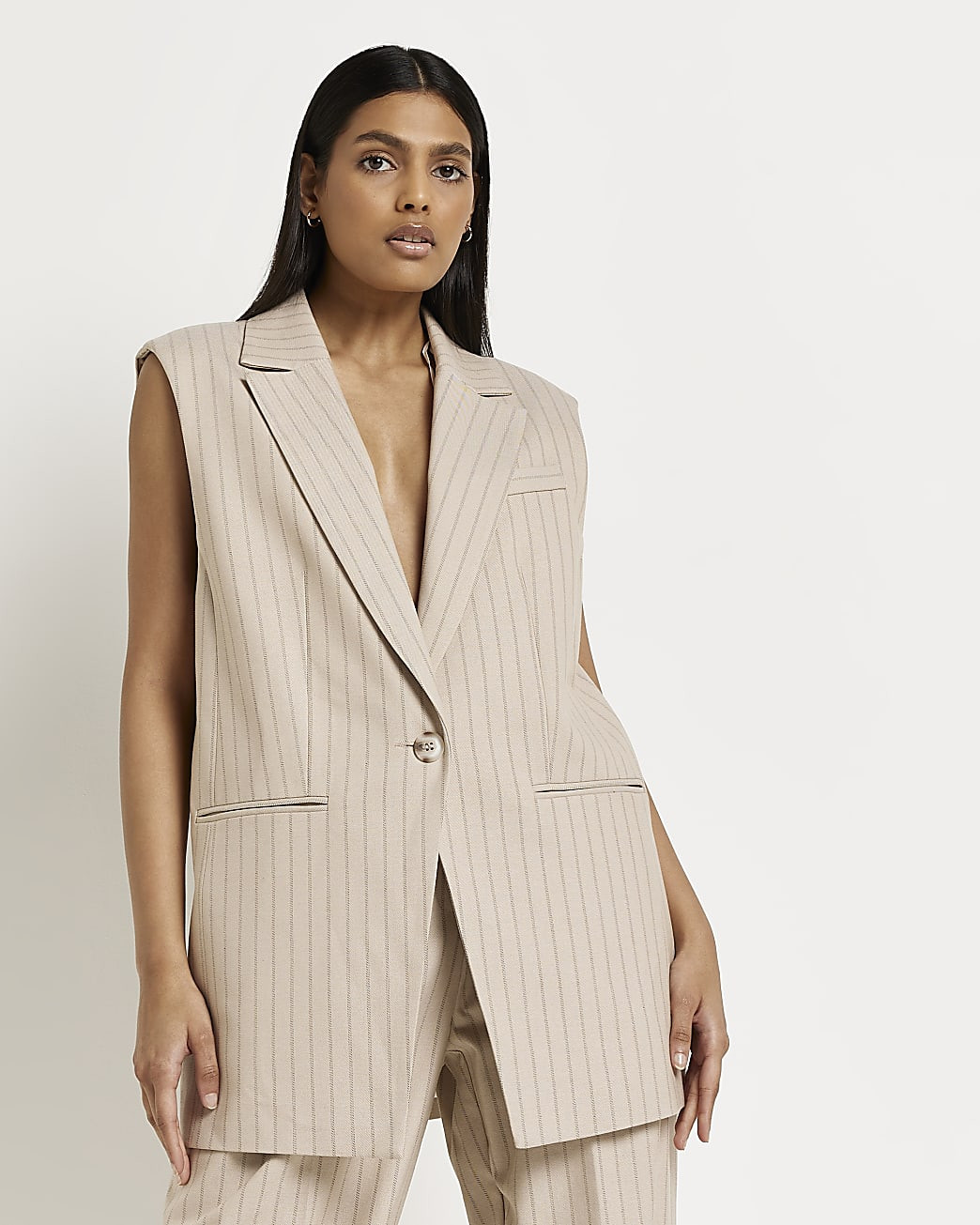 Beige pinstriped sleeveless blazer | River Island (UK & IE)
