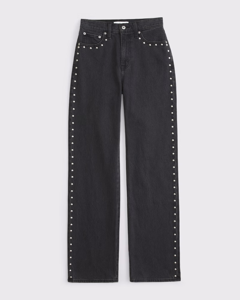 Abercrombie & Fitch Women's High Rise 90s Relaxed Jean in Black Studded Outseam - Size 32 | Abercrombie & Fitch (US)