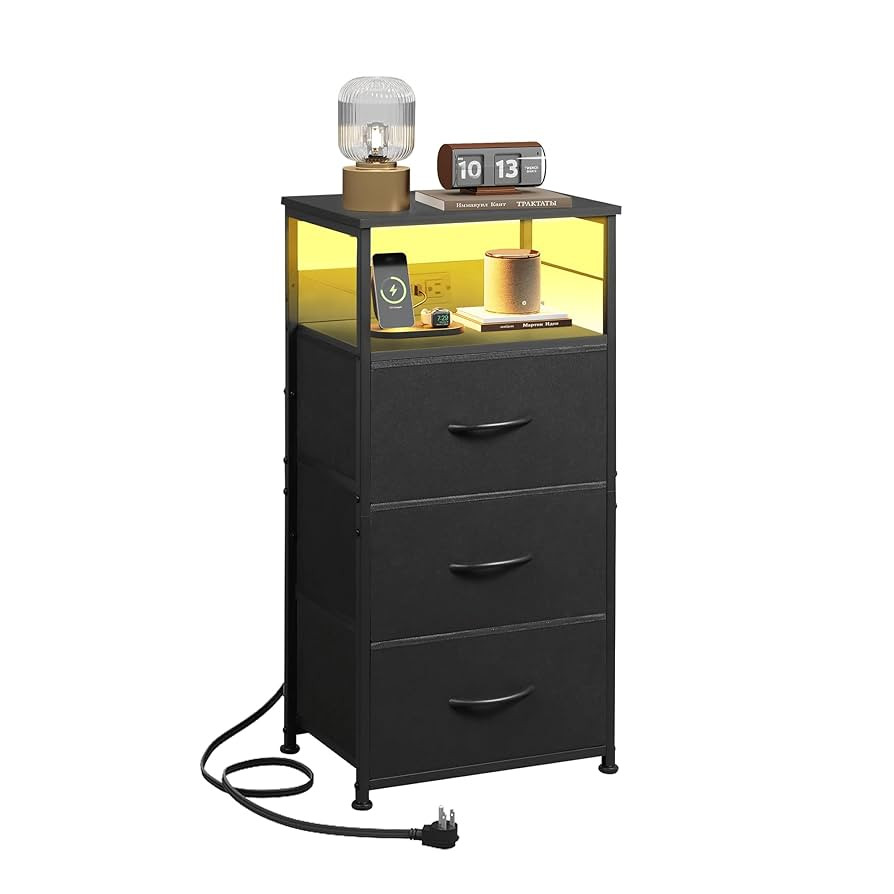 WLIVE LED Nightstand with Charging Station, Black Night Stand with 3 Fabric Drawers and Storage S... | Amazon (US)