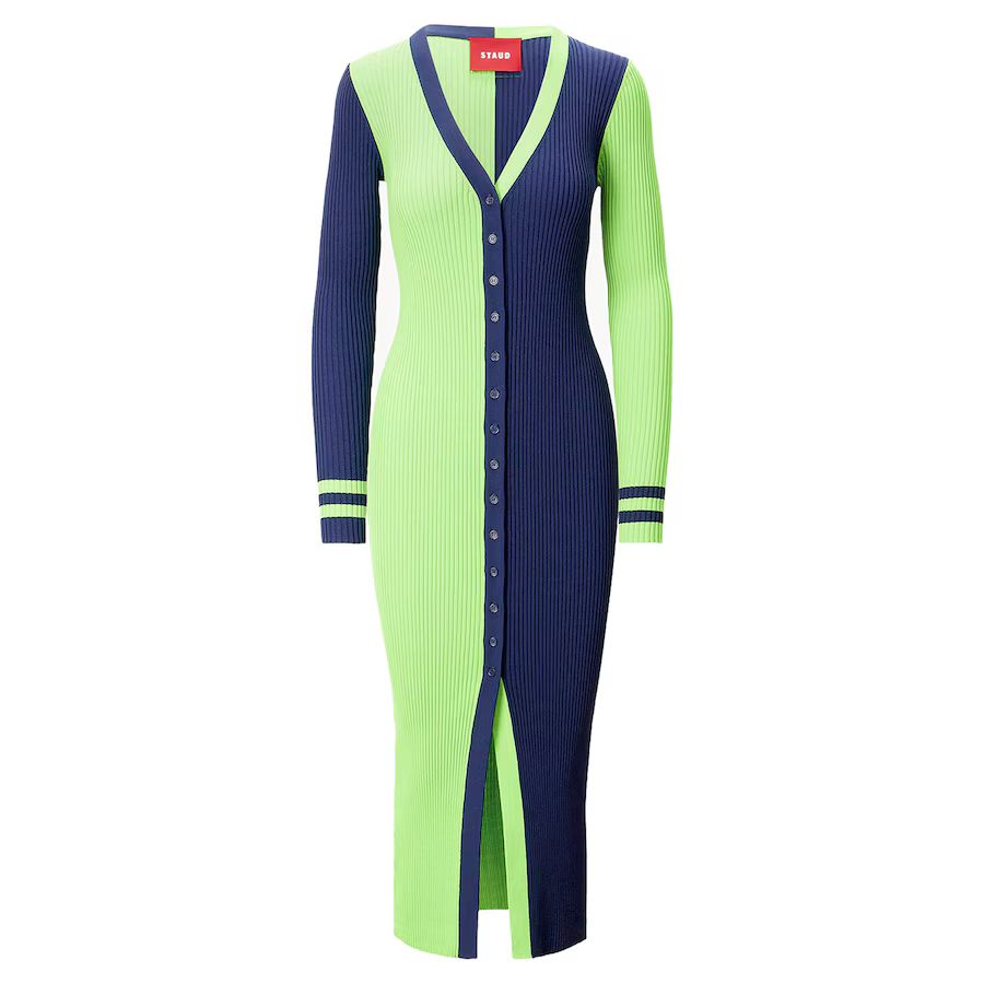 Women's Seattle Seahawks STAUD Neon Green/Navy Shoko Knit Button-Up Sweater Dress | NFL Shop