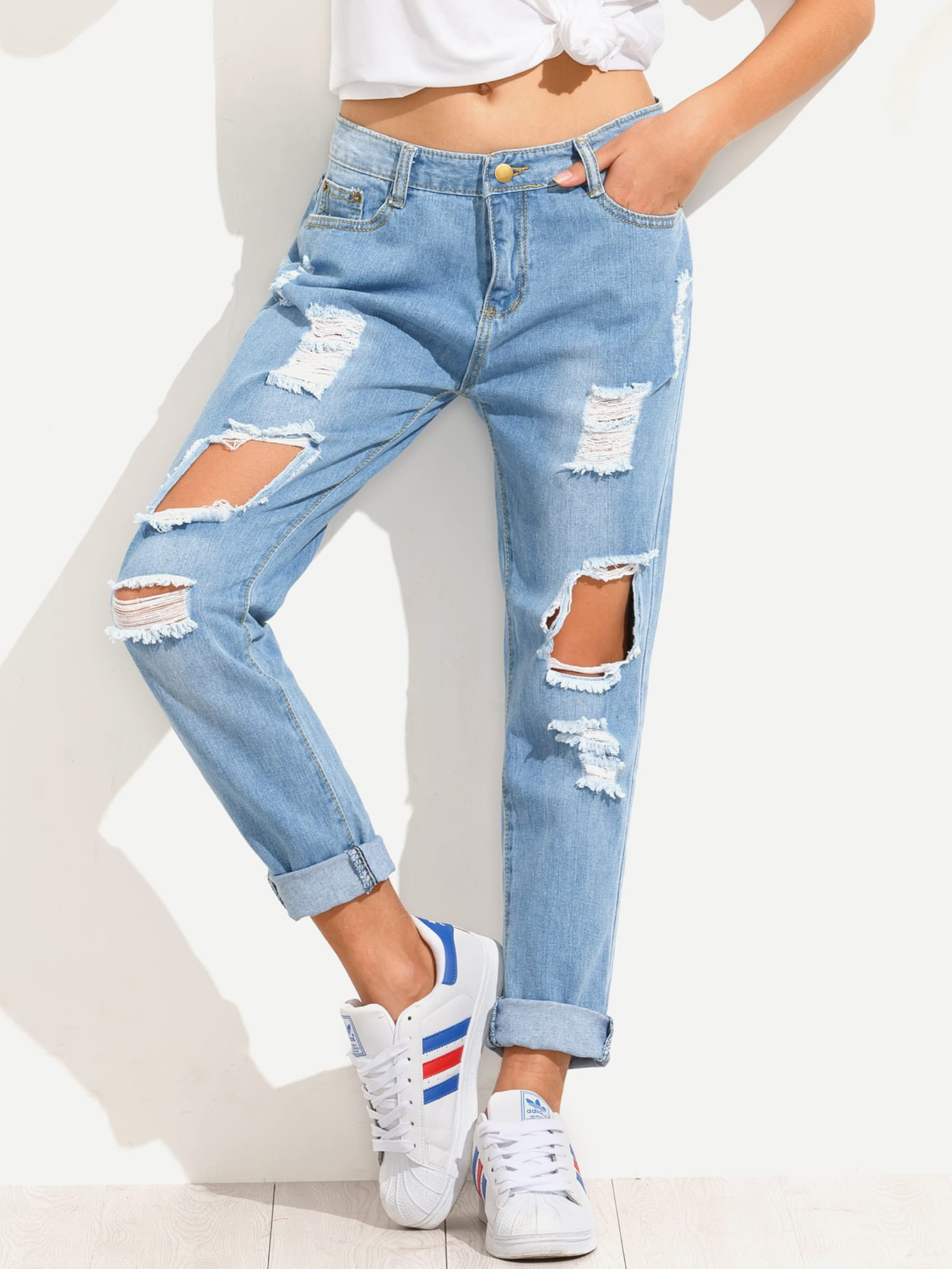 Blue Distressed Boyfriend Jeans | ROMWE