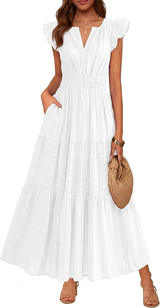 BTFBM Womens Summer Maxi Dress 2026 Spring Boho Vacation Ruffle Flutter Short Sleeve A Line Tiere... | Amazon (US)