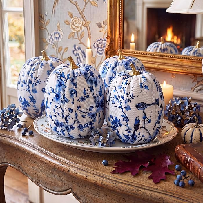 RattanView 4 Pcs Fall Chinoiserie Foam Pumpkins Blue and White Fabric Halloween Jumbo Pumpkins Fa... | Amazon (US)