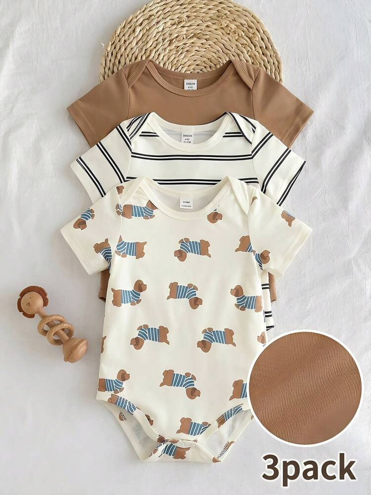 SHEIN Playful Pals 3pcs Baby Boy Casual Cute Multicolor Versatile Short Sleeve Romper Suitable Fo... | SHEIN