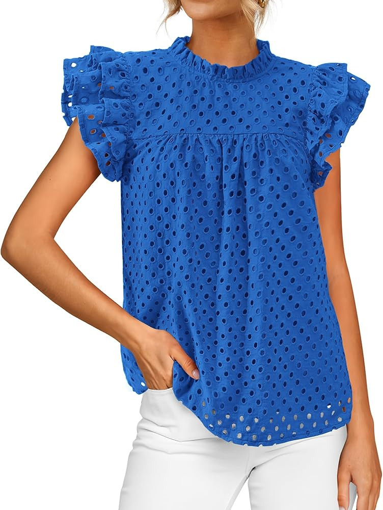 BTFBM Casual Summer Tops for Women 2025 Short Ruffle Sleeves Shirts Crew Neck Hollow Out Lace Emb... | Amazon (US)