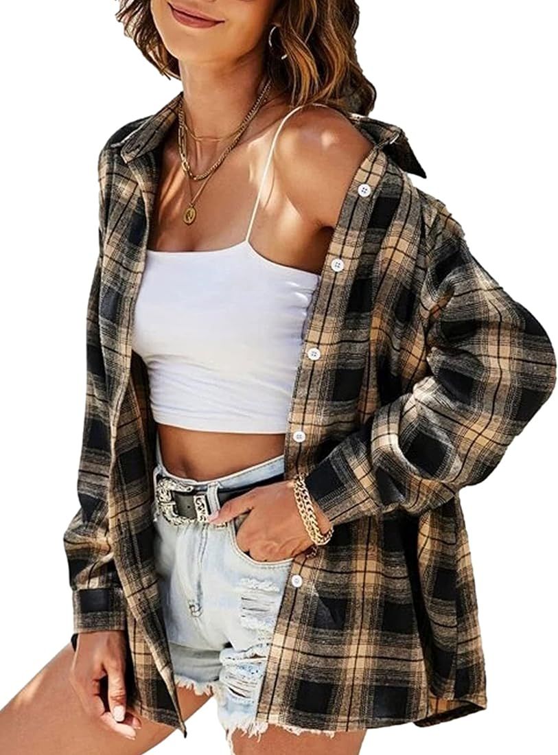 Zontroldy Plaid Flannel Shirts for Women Oversized Long Sleeve Button Down Buffalo Plaid Shirt Blous | Amazon (US)