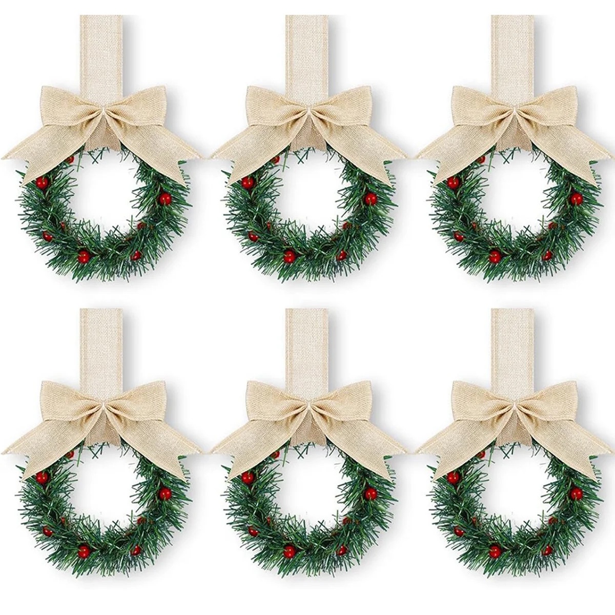 6PCS Christmas Kitchen Cabinet Wreaths with Plaid Bow Ribbon Hanging Cabinet Doors Wreaths Decora... | Walmart (US)
