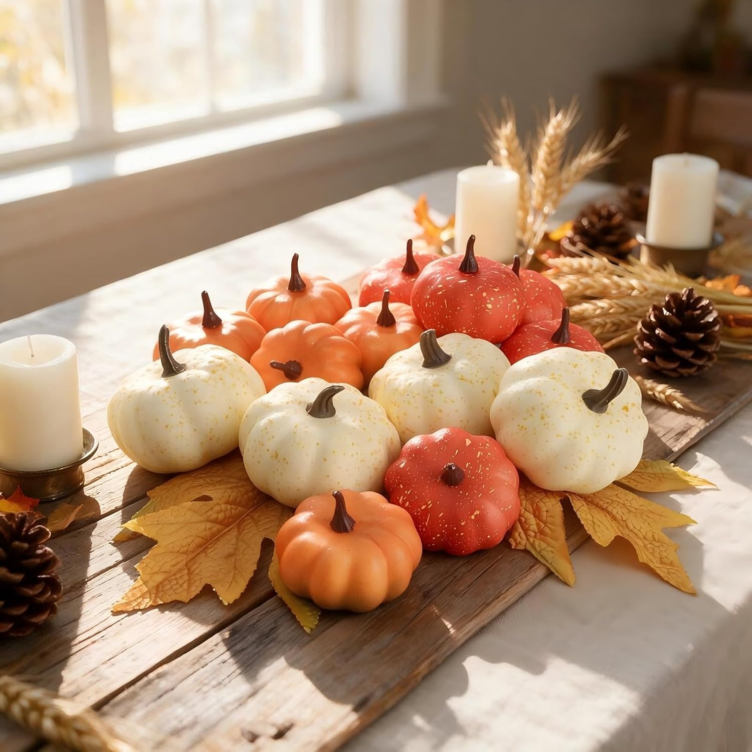 16 PCS Fall Fake Pumpkins with Maple Leaves Fall Home Harvest Artificial Pumpkins Small Faux Halloween Pumpkins Decor for Thanksgiving Table Centerpieces Wreaths Cornucopia Bowl Filler | Amazon (US)