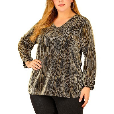 Agnes Orinda Women's Plus Size Glitter Sparkle V Neck Metallic Party Sequin Blouses Gold 1X | Target